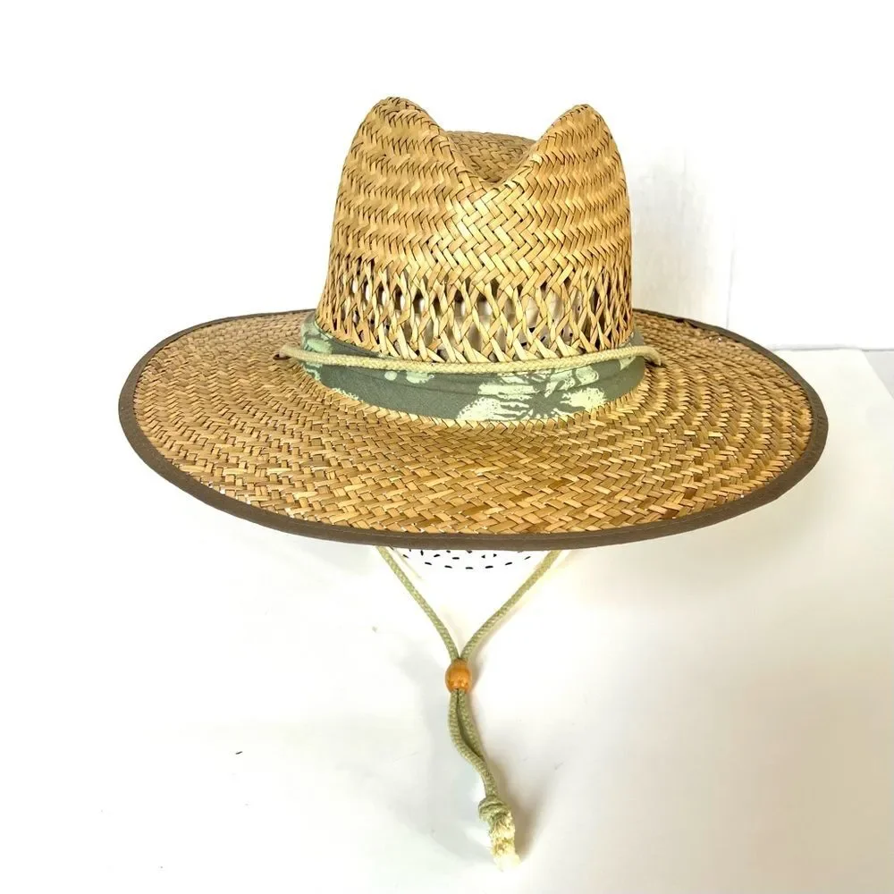 Dorfman Pacific Wide Brim Natural Straw Sun Hat with Green Band Chin Strap XL